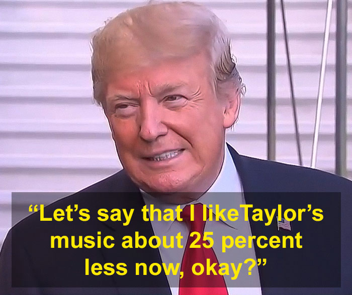 President Trump speaking with a slight smile, addressing Taylor Swift’s music and White House response. President Trump speaking with a slight smile, addressing Taylor Swift’s music and White House response.