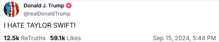 Screenshot of a tweet from President Trump expressing dislike for Taylor Swift, related to the White House response. Screenshot of a tweet from President Trump expressing dislike for Taylor Swift, related to the White House response.