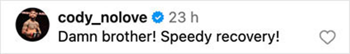 Screenshot of Instagram comment by cody_nolove wishing a speedy recovery after Pink's husband's post surgery bike accident.