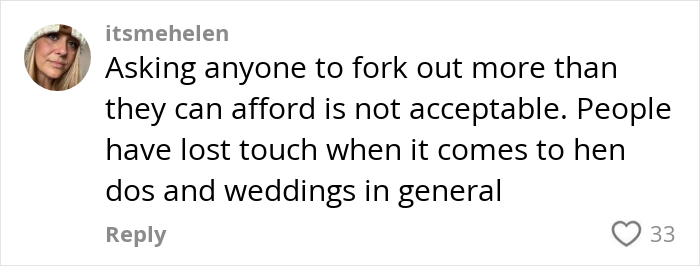 Comment discussing the affordability issues and changing attitudes toward paying for hen parties in internet debates. Comment discussing the affordability issues and changing attitudes toward paying for hen parties in internet debates.