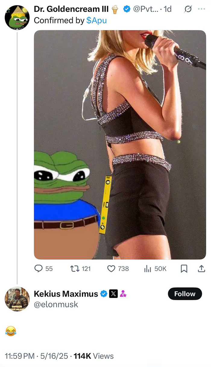 Elon Musk reacts with laughing emoji to Taylor Swift body-shaming meme featuring Pepe the Frog and Taylor Swift on stage. Elon Musk reacts with laughing emoji to Taylor Swift body-shaming meme featuring Pepe the Frog and Taylor Swift on stage.
