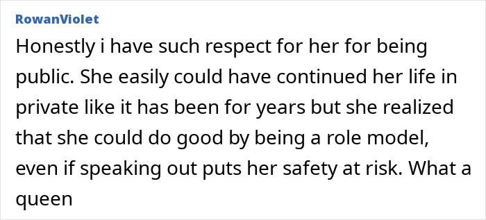 Comment praising Elon Musk's trans daughter Vivian for being a public role model despite personal risks. Comment praising Elon Musk's trans daughter Vivian for being a public role model despite personal risks.