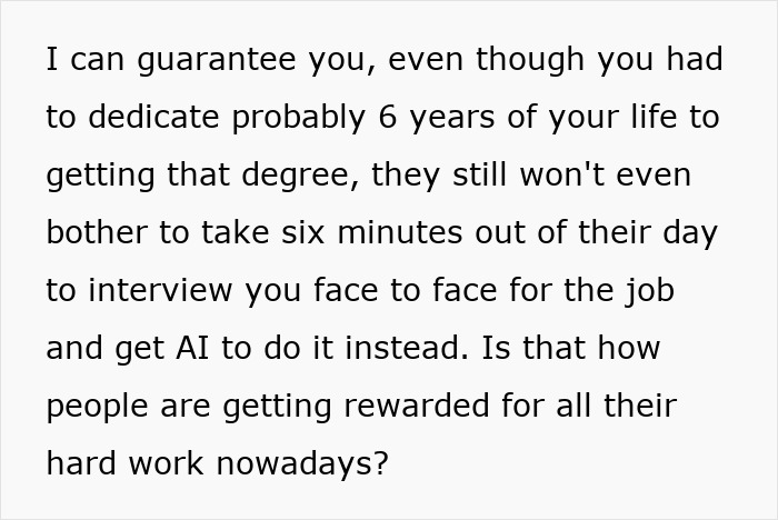 Text discussing frustration about companies using AI to conduct job interviews instead of face-to-face meetings with applicants. Text discussing frustration about companies using AI to conduct job interviews instead of face-to-face meetings with applicants.