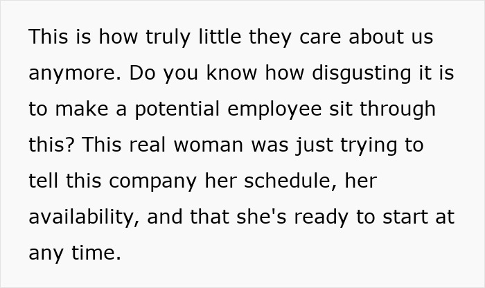 Text expressing frustration over companies using AI in job interviews, disturbing applicants and online users. Text expressing frustration over companies using AI in job interviews, disturbing applicants and online users.