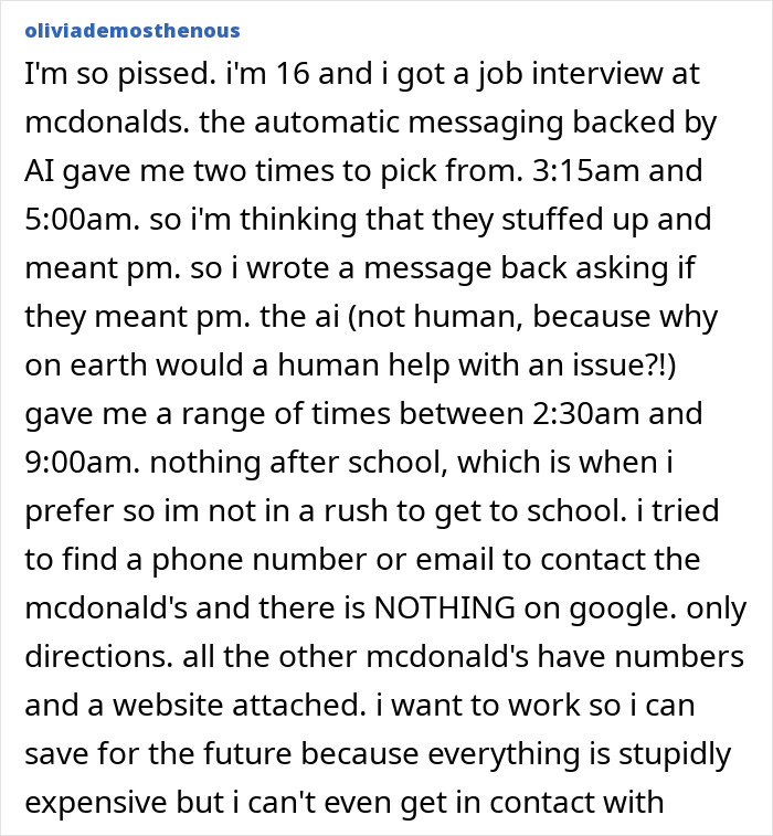 Teen frustrated with AI scheduling job interview times, highlighting challenges of companies using AI for job interviews. Teen frustrated with AI scheduling job interview times, highlighting challenges of companies using AI for job interviews.