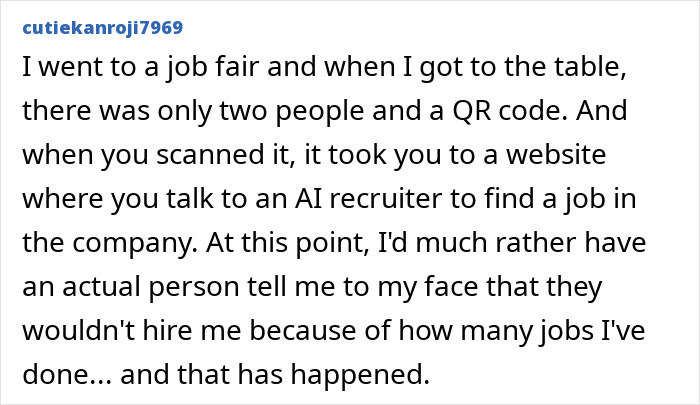 User post describing experience with AI recruiter at job fair, highlighting concerns about companies using AI for job interviews. User post describing experience with AI recruiter at job fair, highlighting concerns about companies using AI for job interviews.