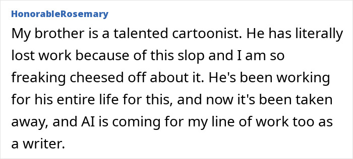 User comment expressing frustration over AI impacting jobs, with concern about companies using AI for job interviews. User comment expressing frustration over AI impacting jobs, with concern about companies using AI for job interviews.
