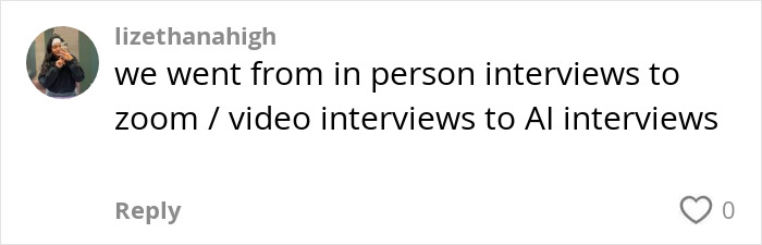 Comment on AI interviews mentioning shift from in-person and video interviews to AI job interviews disturbing applicants. Comment on AI interviews mentioning shift from in-person and video interviews to AI job interviews disturbing applicants.