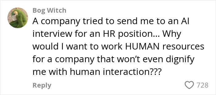 User expressing frustration about companies using AI to conduct job interviews instead of human interaction. User expressing frustration about companies using AI to conduct job interviews instead of human interaction.
