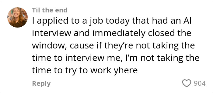 Comment expressing frustration after experiencing an AI job interview, highlighting concerns about AI interviews from applicants. Comment expressing frustration after experiencing an AI job interview, highlighting concerns about AI interviews from applicants.