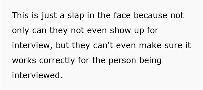 Text excerpt expressing frustration about AI use in job interviews not working correctly for candidates. Text excerpt expressing frustration about AI use in job interviews not working correctly for candidates.