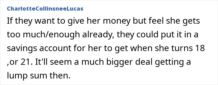 Text comment about managing money for a kid to avoid jealousy between grandparents and ex-in-laws over generosity. Text comment about managing money for a kid to avoid jealousy between grandparents and ex-in-laws over generosity.