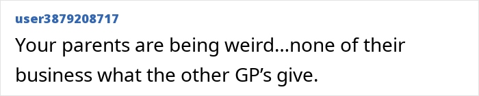 Comment about jealous grandparents wanting ex-in-laws to stop giving kid money as they can’t match generosity. Comment about jealous grandparents wanting ex-in-laws to stop giving kid money as they can’t match generosity.