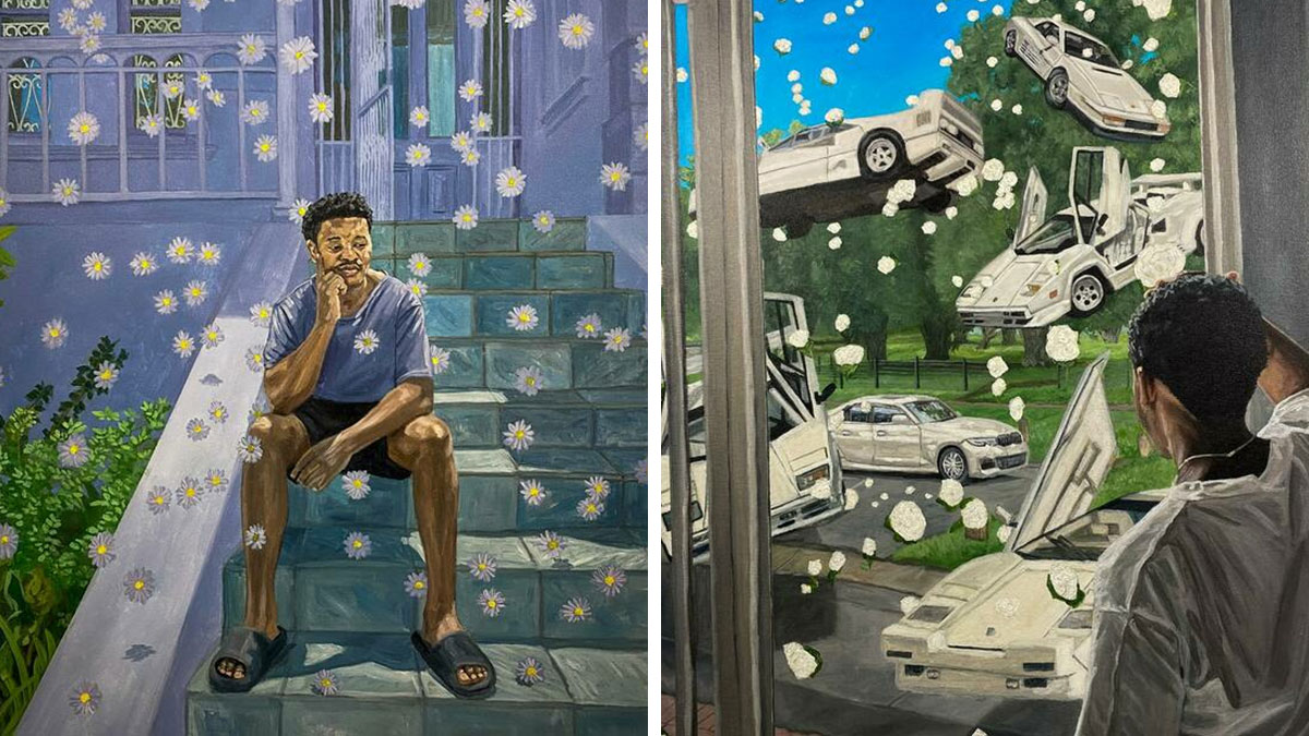 Two colorful paintings showing a man surrounded by flowers and floating cars, exploring colours, space, and identity.