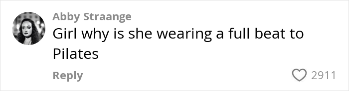 Comment screenshot showing a user questioning why a woman is wearing a full beat to Pilates, related to Pilates for people over 200 lbs. Comment screenshot showing a user questioning why a woman is wearing a full beat to Pilates, related to Pilates for people over 200 lbs.