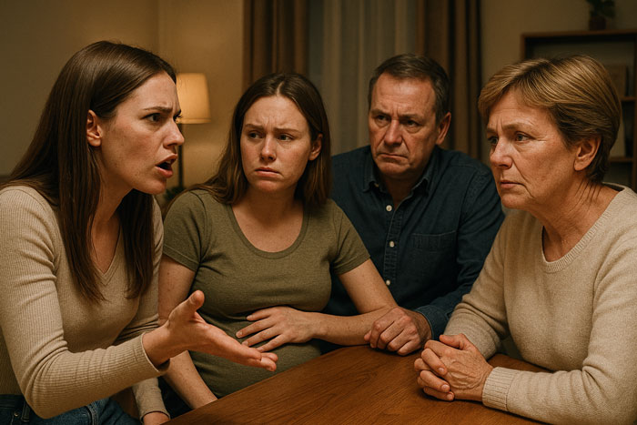 Family discussing wedding venue booking with pregnant woman, showing tension and concern during a serious conversation. Family discussing wedding venue booking with pregnant woman, showing tension and concern during a serious conversation.