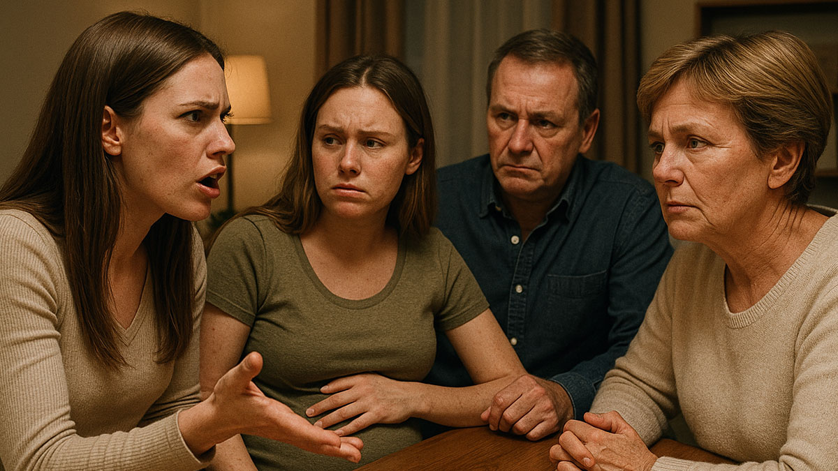 Pregnant woman with family having tense discussion at table about couple booking wedding venue years in advance.