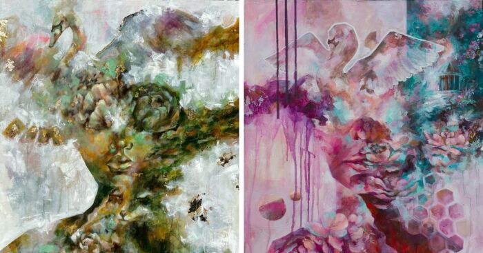 Abstract paintings combining self-discovery themes with swans and floral elements in breathtaking masterpieces.