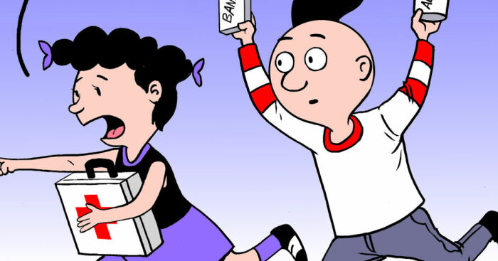 Wences comic strip characters running with a first aid kit and cans, animated style with a purple to blue gradient background.