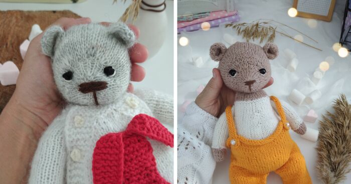 Handmade knitted teddy bear toys with detailed stitching, showcasing love for crafting and teddy bears in cozy settings.