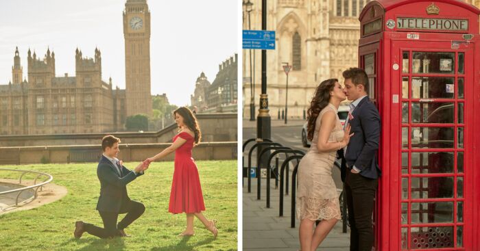 Couple sharing romantic moments in London with Big Ben and a red telephone booth in the background during proposal.
