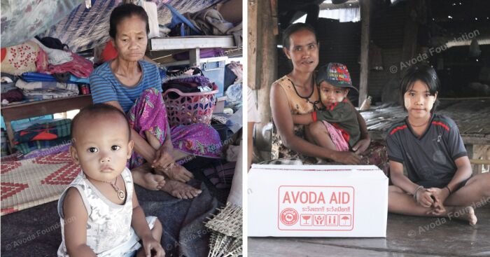 Two families receiving aid packages, highlighting hope and support during their last meal in challenging times.