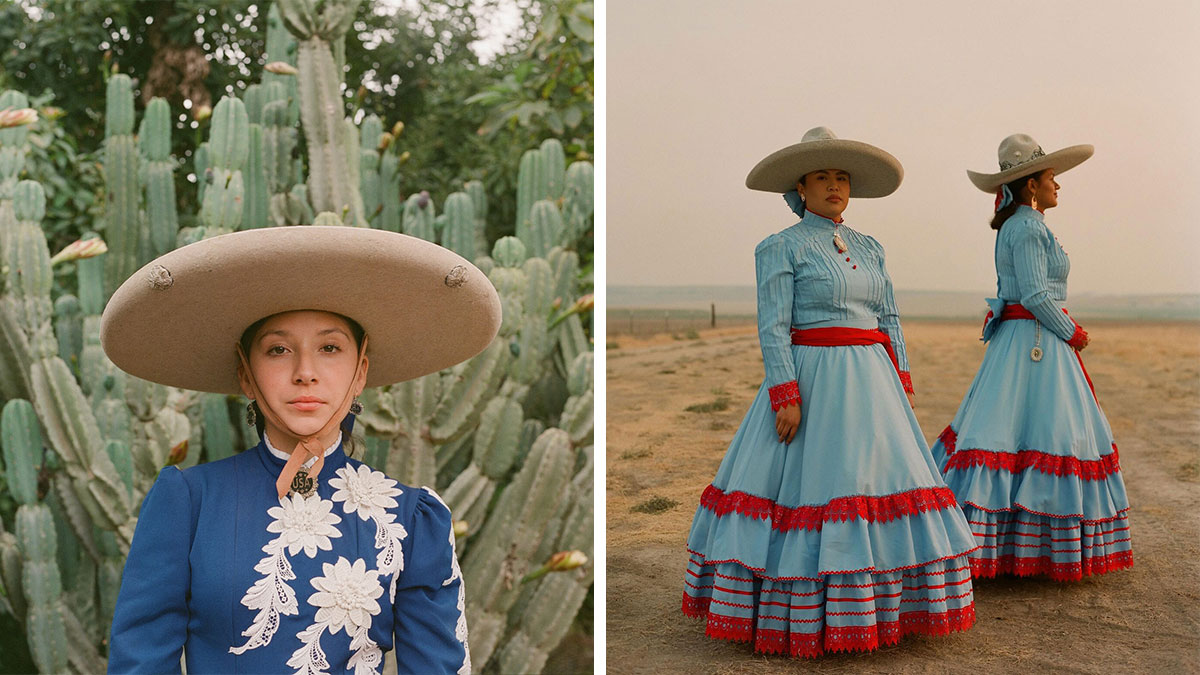 All-female rodeo riders in traditional attire posing amid cactus and open landscape, showcasing beauty and power.