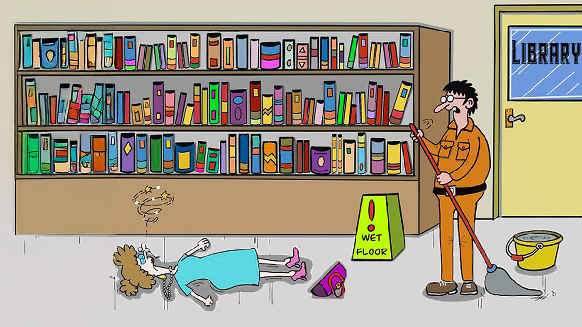 Cartoon showing a library janitor and a woman fallen on the floor, highlighting just the right amount of silly humor.