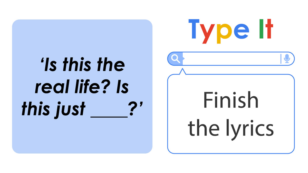 Lyrics quiz challenge showing a prompt to finish famous song lyrics in a playful typing game interface.