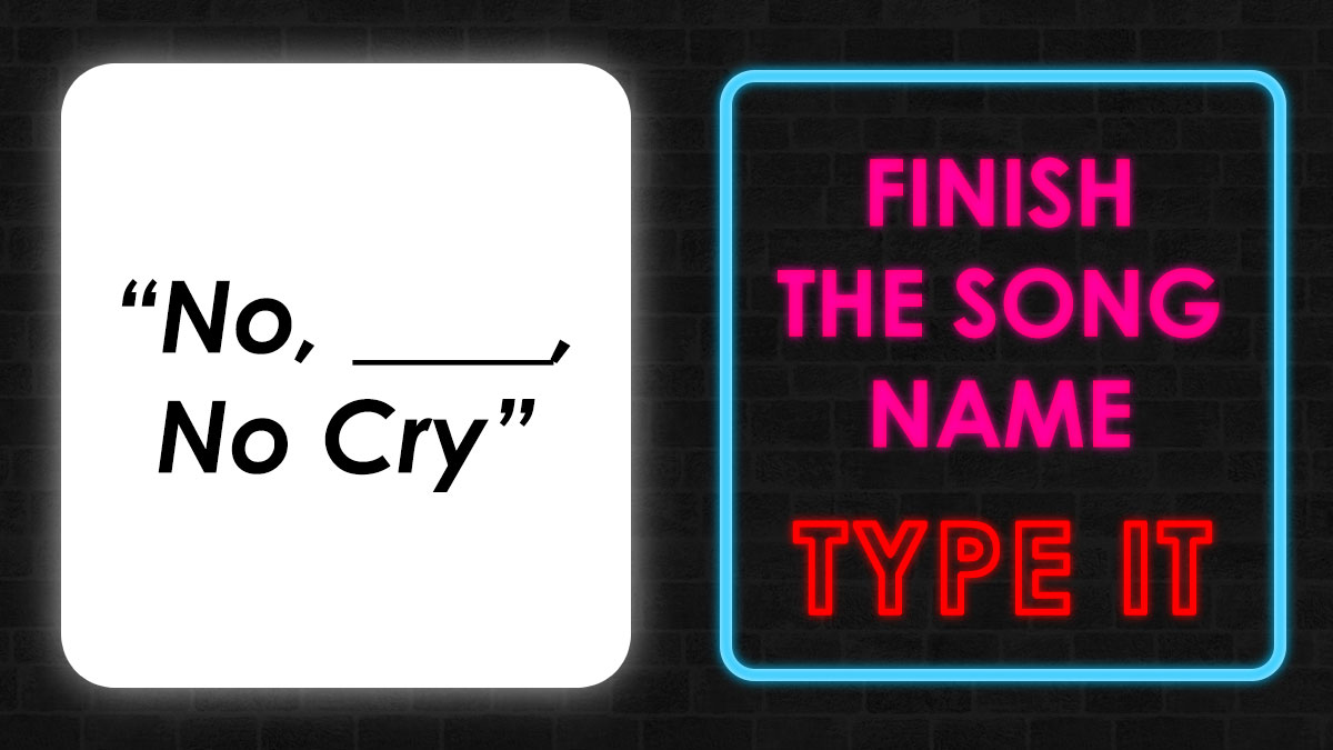 Quiz graphic with a song lyric prompt and neon text inviting viewers to finish the song name in a music titles challenge.