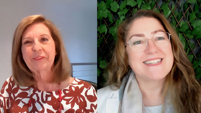 Two women in a video call discussing domestic violence as much as men in an online debate setting. Two women in a video call discussing domestic violence as much as men in an online debate setting.