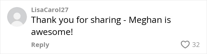 User comment saying thank you for sharing and praising Meghan Markle as awesome in an online discussion about Meghan Markle's note to flight attendant going viral. User comment saying thank you for sharing and praising Meghan Markle as awesome in an online discussion about Meghan Markle's note to flight attendant going viral.