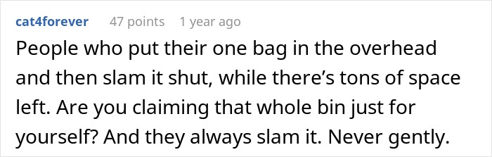 Text comment about passenger habits that annoy flight attendants, focusing on overhead bin usage and loud slamming. Text comment about passenger habits that annoy flight attendants, focusing on overhead bin usage and loud slamming.