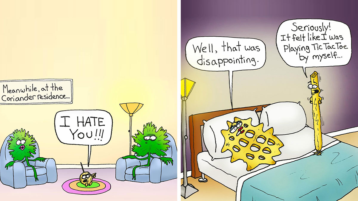 Cartoon featuring produce characters with humorous punchlines in the Fruit Gone Bad series about quirky fruit interactions.