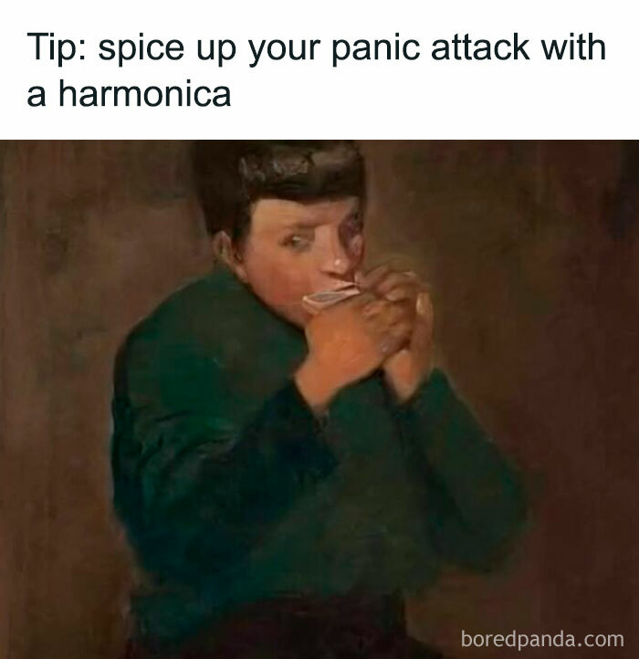 Painting of a person playing a harmonica, an art meme with perfectly petty energy for daily mental breakdown relief.