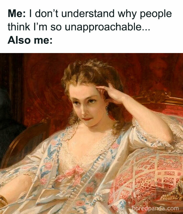 Art meme featuring a petty vintage painting of a woman with a thoughtful expression, perfect for mental breakdown humor.