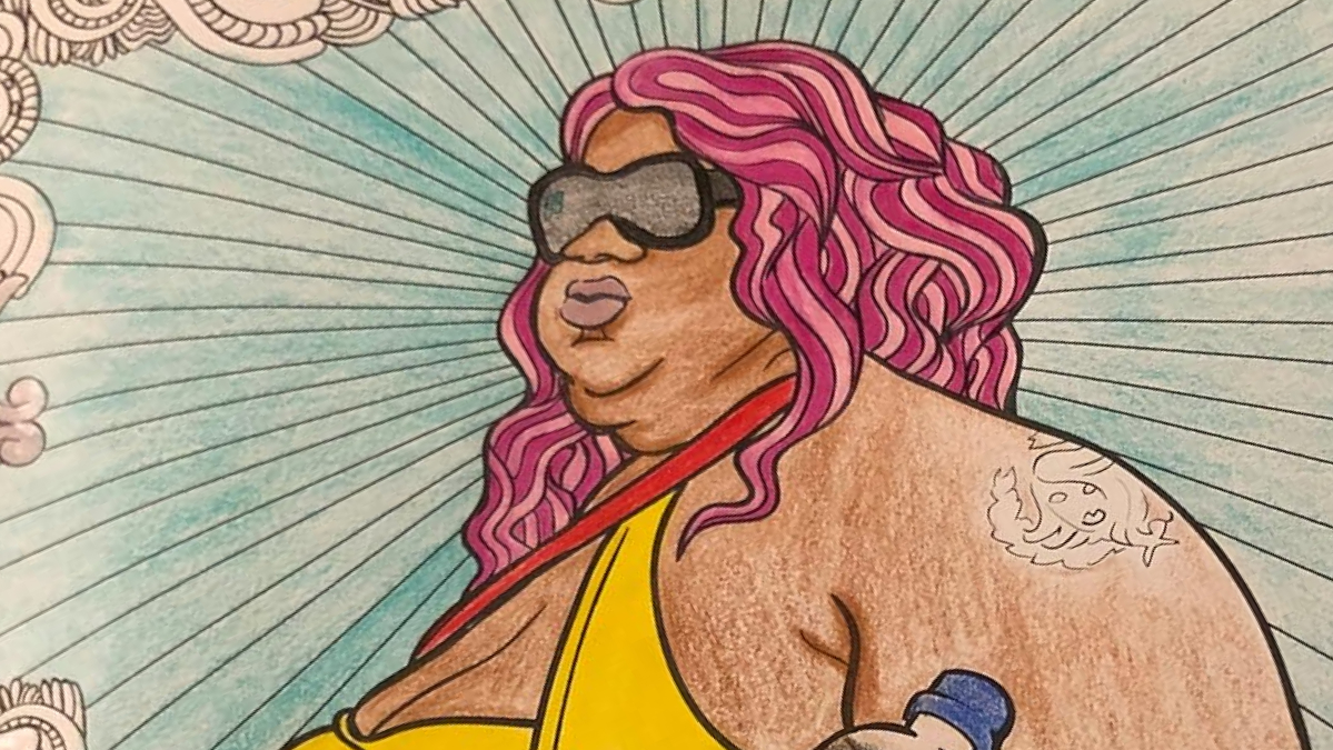 Illustration of a woman with pink hair, sunglasses, and a yellow top, representing hilarious finds under ten dollars.