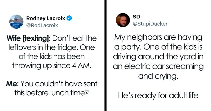 Screenshot of funny parenting tweets showing kids defying logic with chaotic and humorous behavior.