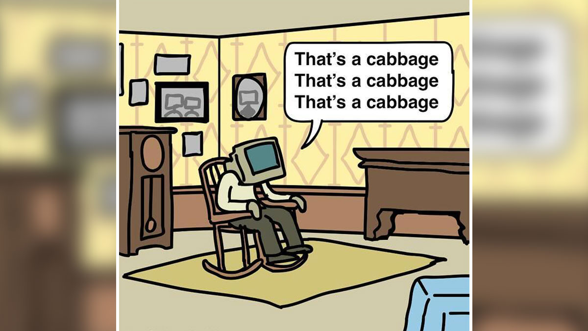 Absurd comic by The Jenkins showing a character with a monitor head repeating the phrase thatu2019s a cabbage.