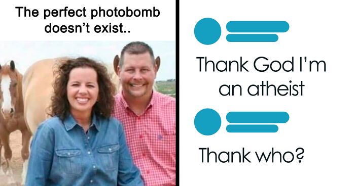 Couple smiling with a photobombing horse behind them alongside a humorous atheist text conversation meme.