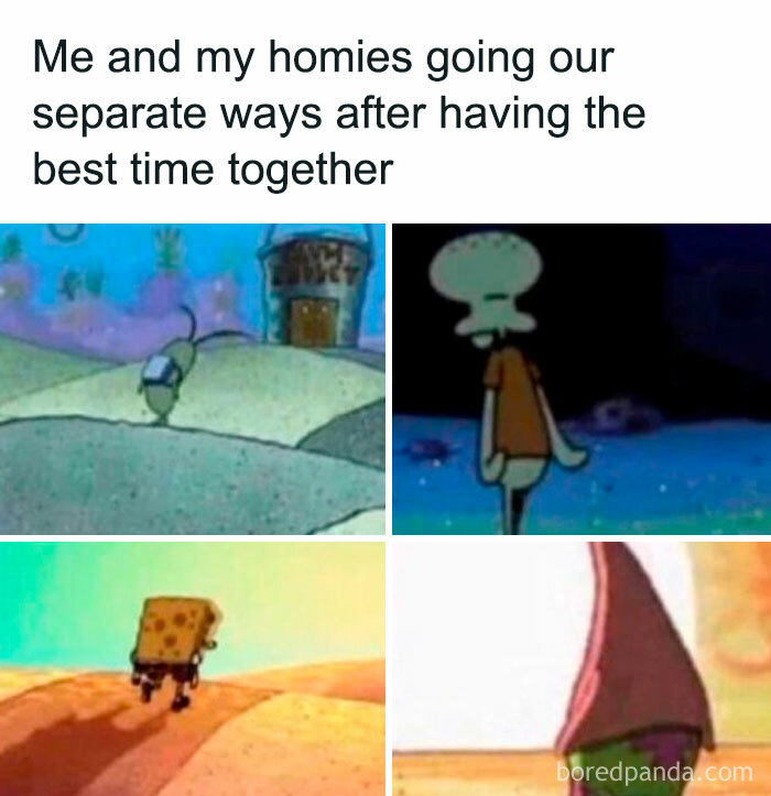 Silly relatable memes featuring SpongeBob characters going separate ways after a fun time together on Instagram page.