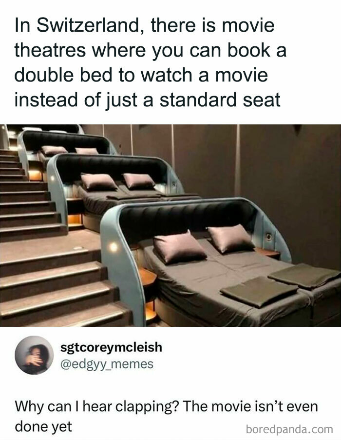Movie theater in Switzerland with double beds for viewing, featured in spicy memes shared on a popular IG page.