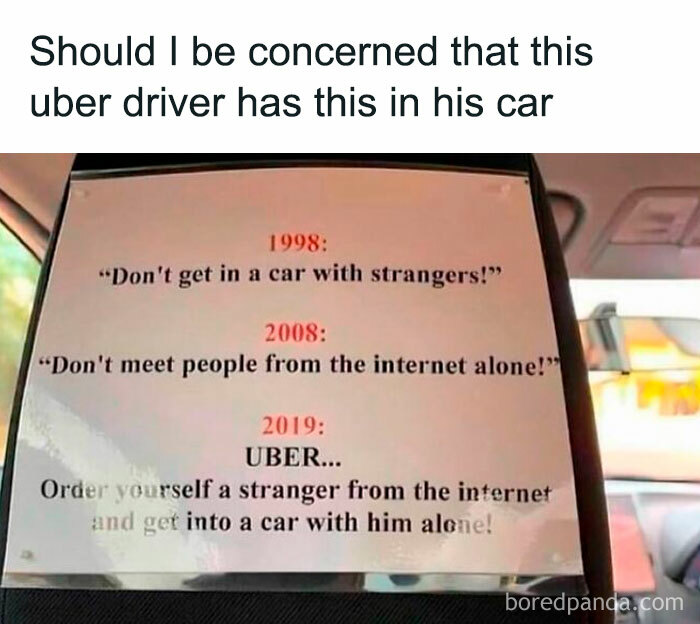 Meme about Uber driver safety advice progression from 1998 to 2019, featured among silly relatable spicy memes.