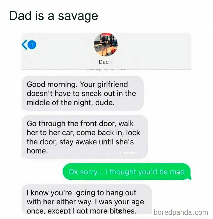 Text conversation showing a dad giving funny and relatable advice about sneaking girlfriends out late at night meme.