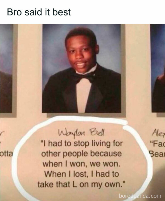 Senior yearbook photo with a quote about personal wins and losses, featured in silly relatable and spicy memes on IG page.
