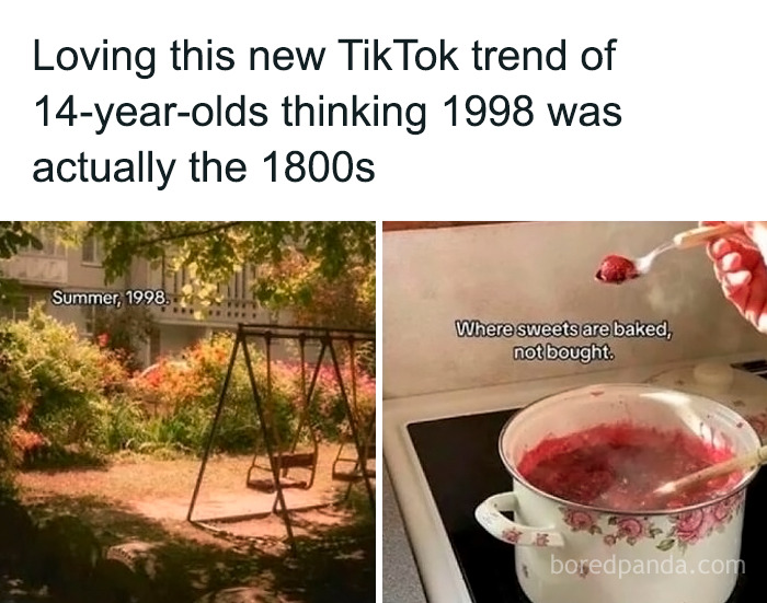 Split image showing a childhood swing set labeled Summer 1998 and a pot with jam cooking, referencing chaotic memes about time confusion.