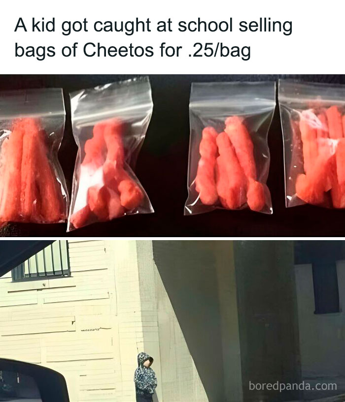 Bags of Cheetos sold at school for 25 cents each, featured in chaotic memes for when life gets boring.
