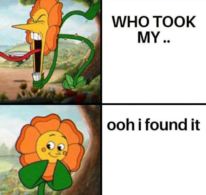Cartoon flower meme showing confusion and realization, a humorous chaotic meme perfect for when life feels boring.