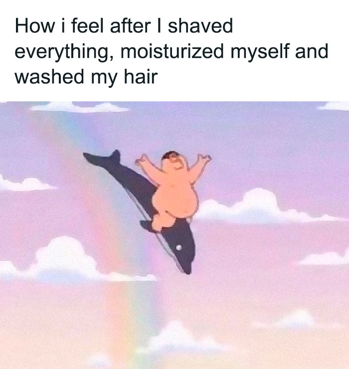 Relatable meme of a happy cartoon character riding a whale under a rainbow, illustrating self-care and avoiding responsibilities.