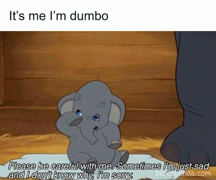 Cartoon Dumbo sitting sadly with text expressing feelings, a relatable meme for avoiding responsibilities like a pro.